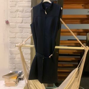 Zipper front belted navy dress